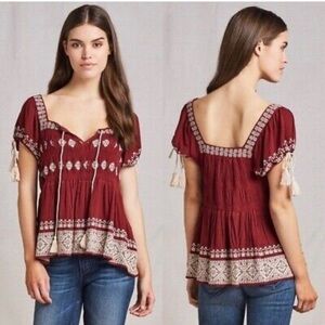 NEW Tularosa Top Maroon Red Embroidered Benny Boho Peasant Top Medium